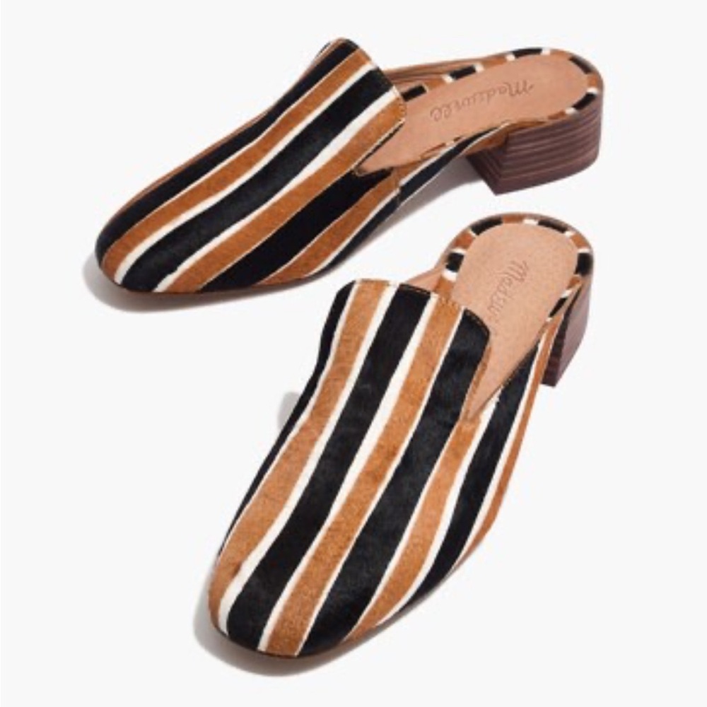 Madewell Striped Black, Brown & White Suede Slide Mules